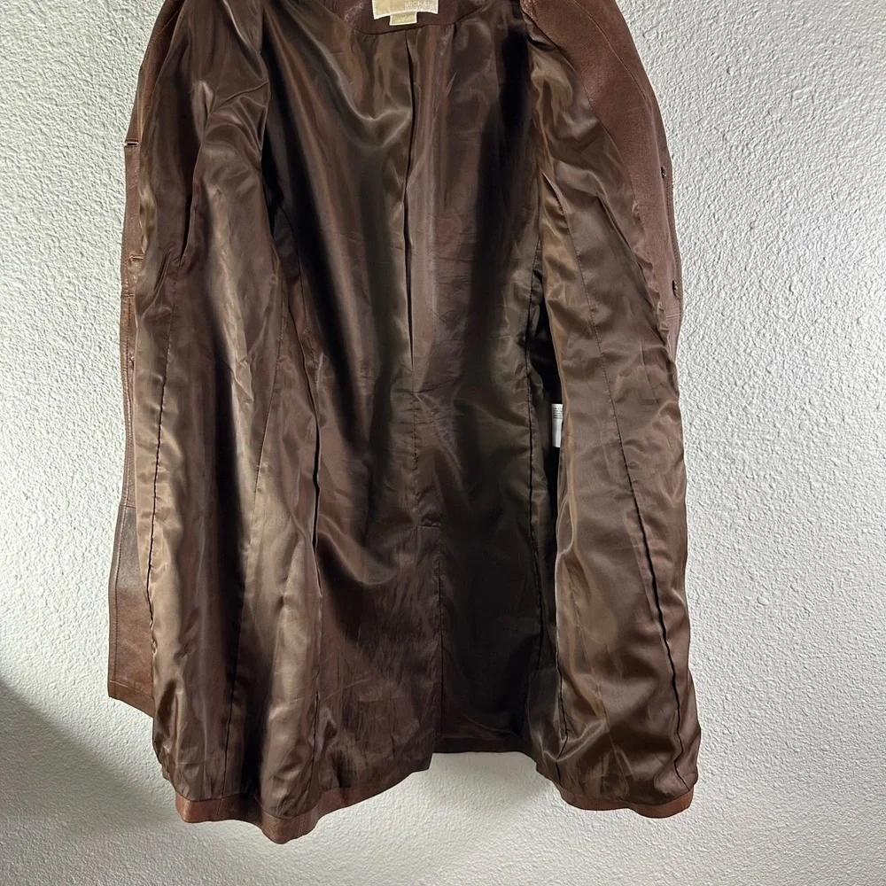 Michael Kors Brown Distressed Leather Long Western Style Button Jacket Size M